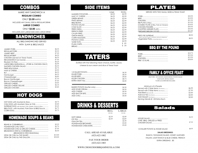 Menu | Choo Choo Bar-B-Que - Amnicola